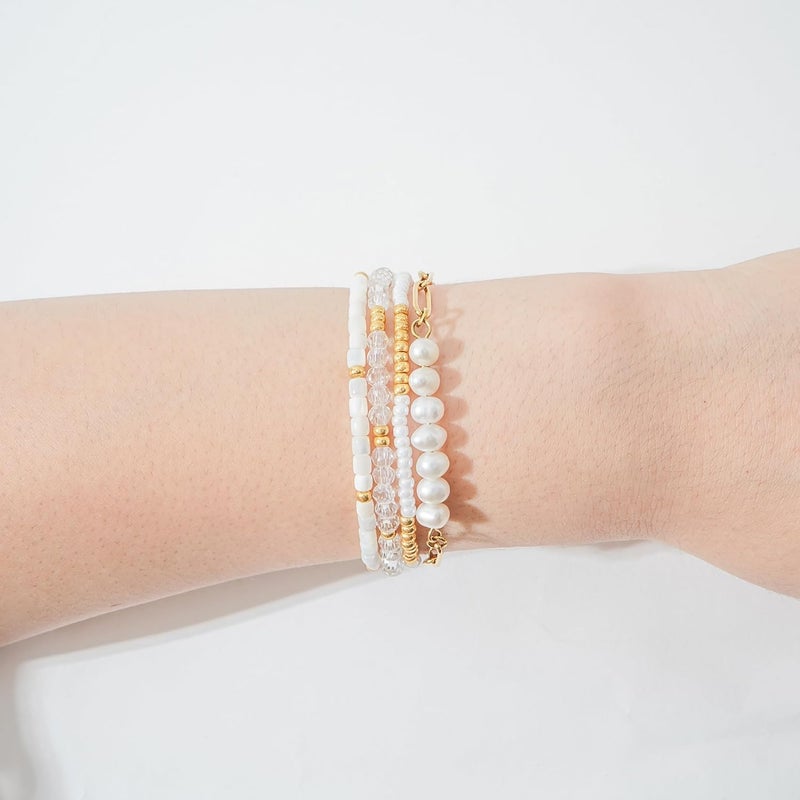 Pymach Store Dainty Gold Plated Pearl Crystal Beaded Bracelets Set for Women 14K Gold Plated Bead Pearl Beads Bracelet Stackable Paperclip Link Chain Bracelets Gold Plated Bracelets for Women Trendy Jewelry - Image 4